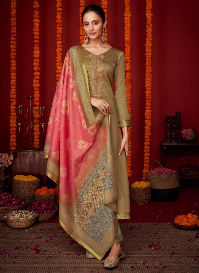 Pure Viscose Satin Beige Festival Wear Embroidery Work Straight Suit